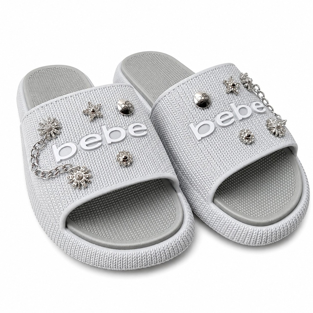BEBE Ploffi Platform Slide Sandals Sz 9 Gray Silver Rhinestone Logo Detail NWOB